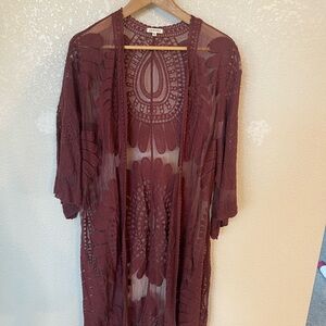 JODIFL Maroon Lace Open-Front Kimono